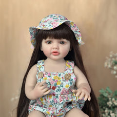 Realistic Reborn Baby Girl Doll Long Hair Floral Dress & Hat