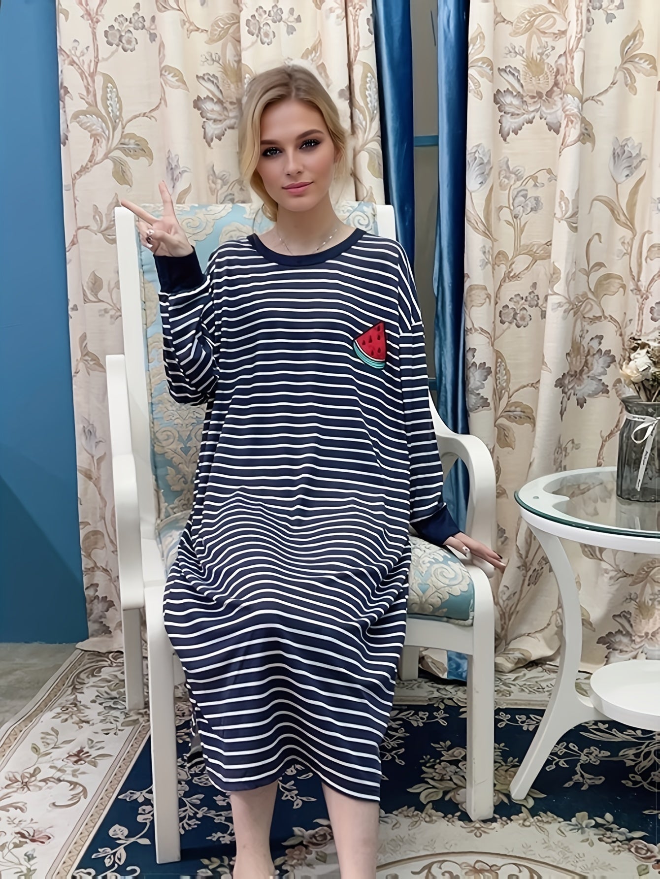 Watermelon Print Lounge Dress Long Sleeve Striped Home Dress