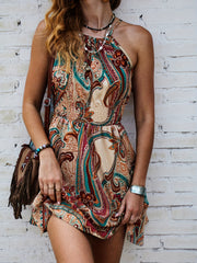 Paisley Print Tie Back Dress Sleeveless Boho Shirred Waist