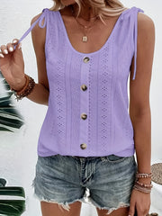 Eyelet Embroidery Button Front Tank Top Casual Scoop Neck Summer Sleeveless Top