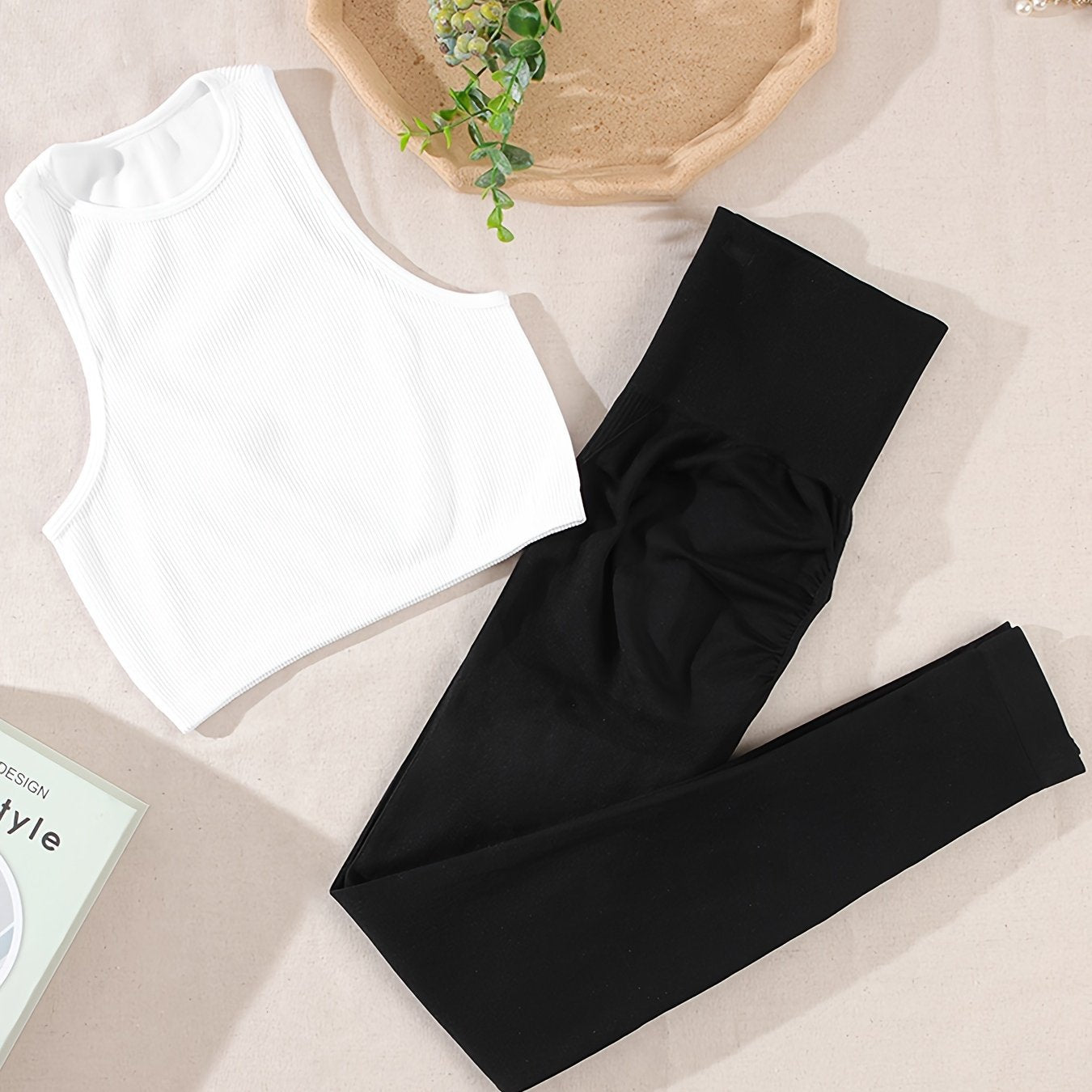 Solid Ribbed Tank Top & Stretch Leggings Set