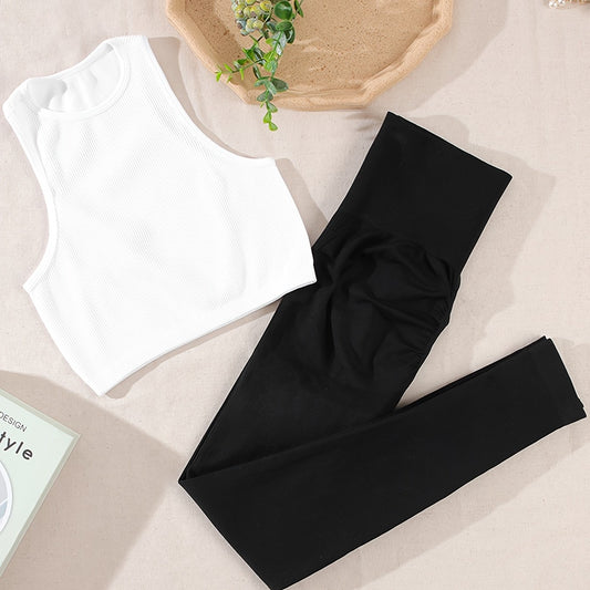 Solid Ribbed Tank Top & Stretch Leggings Set