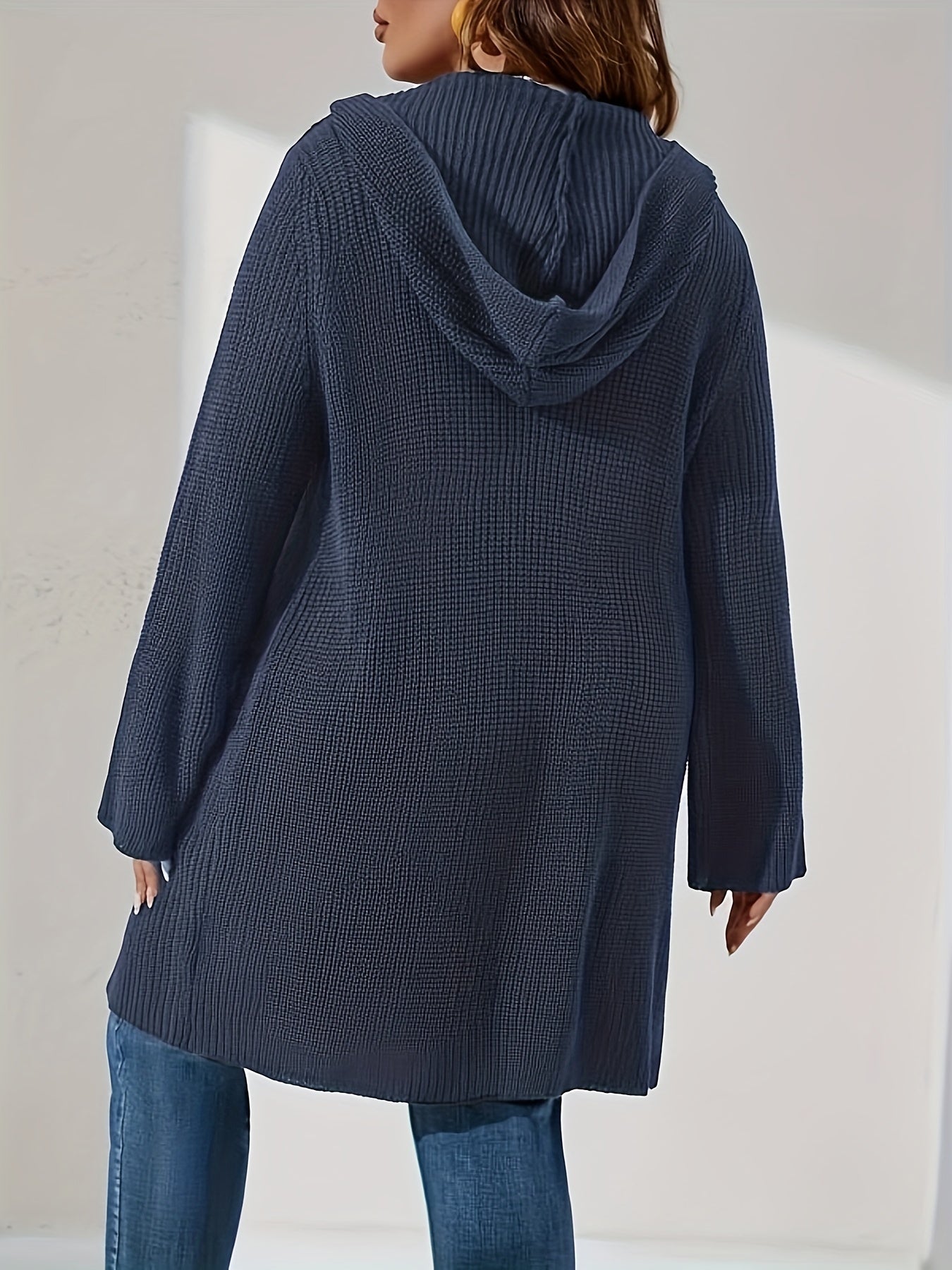 Solid Long Sleeve Hooded Cardigan With Pockets