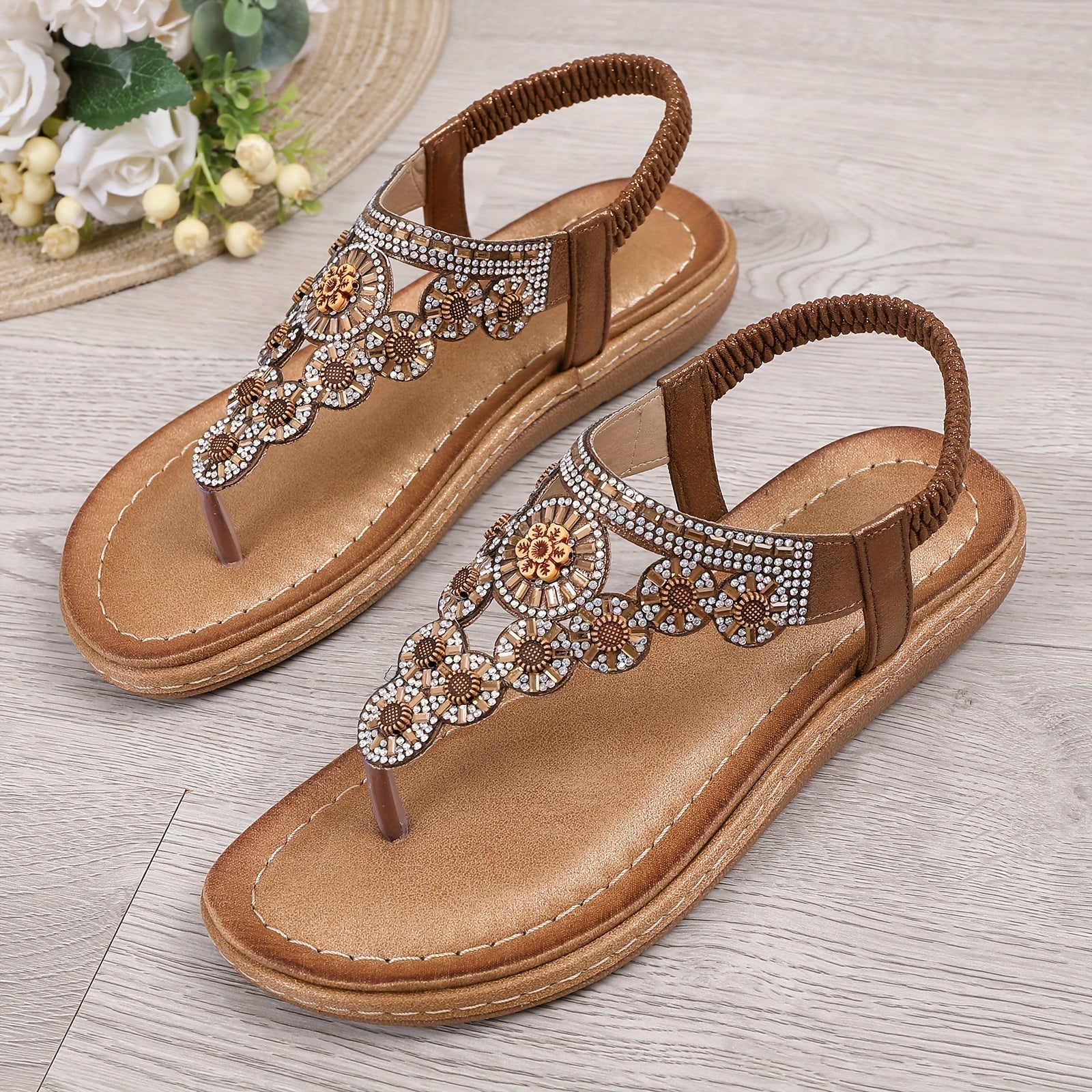 Boho Thong Sandals with Rhinestone Decor