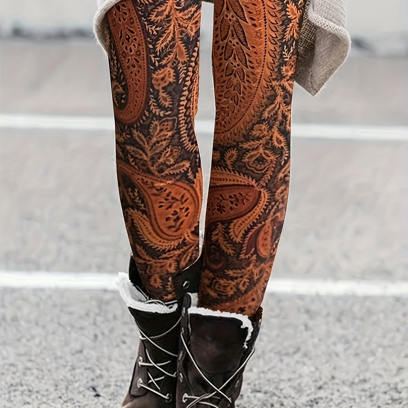 Boho Leggings Women's Plus Paisley Print High Stretch Skinny Leggings