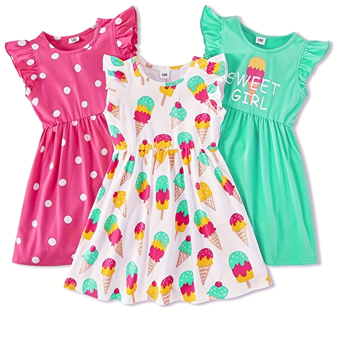 Girls Flying Sleeves Dress Polka Dot Ice Cream Print Kids Princess Dress