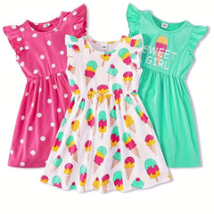 Girls Flying Sleeves Dress Polka Dot Ice Cream Print Kids Princess Dress