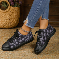 Women's Skull Pattern Flat Sneakers Lace Up Lightweight Canvas Shoes