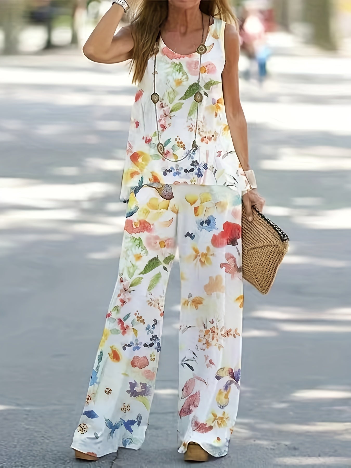 Casual Two-piece Set Crew Neck Sleeveless Top & Wide Leg Pants Outfit