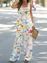 Casual Two-piece Set Crew Neck Sleeveless Top & Wide Leg Pants Outfit