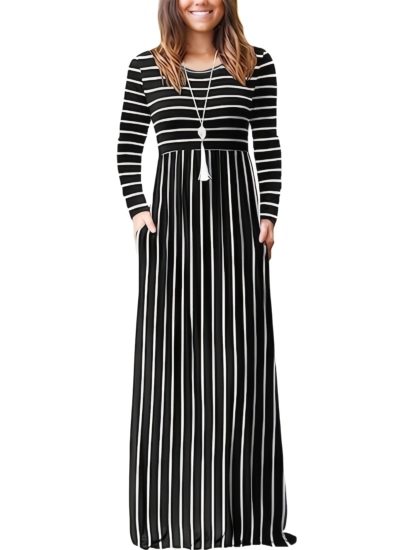 Striped Print High Waist Maxi Dress