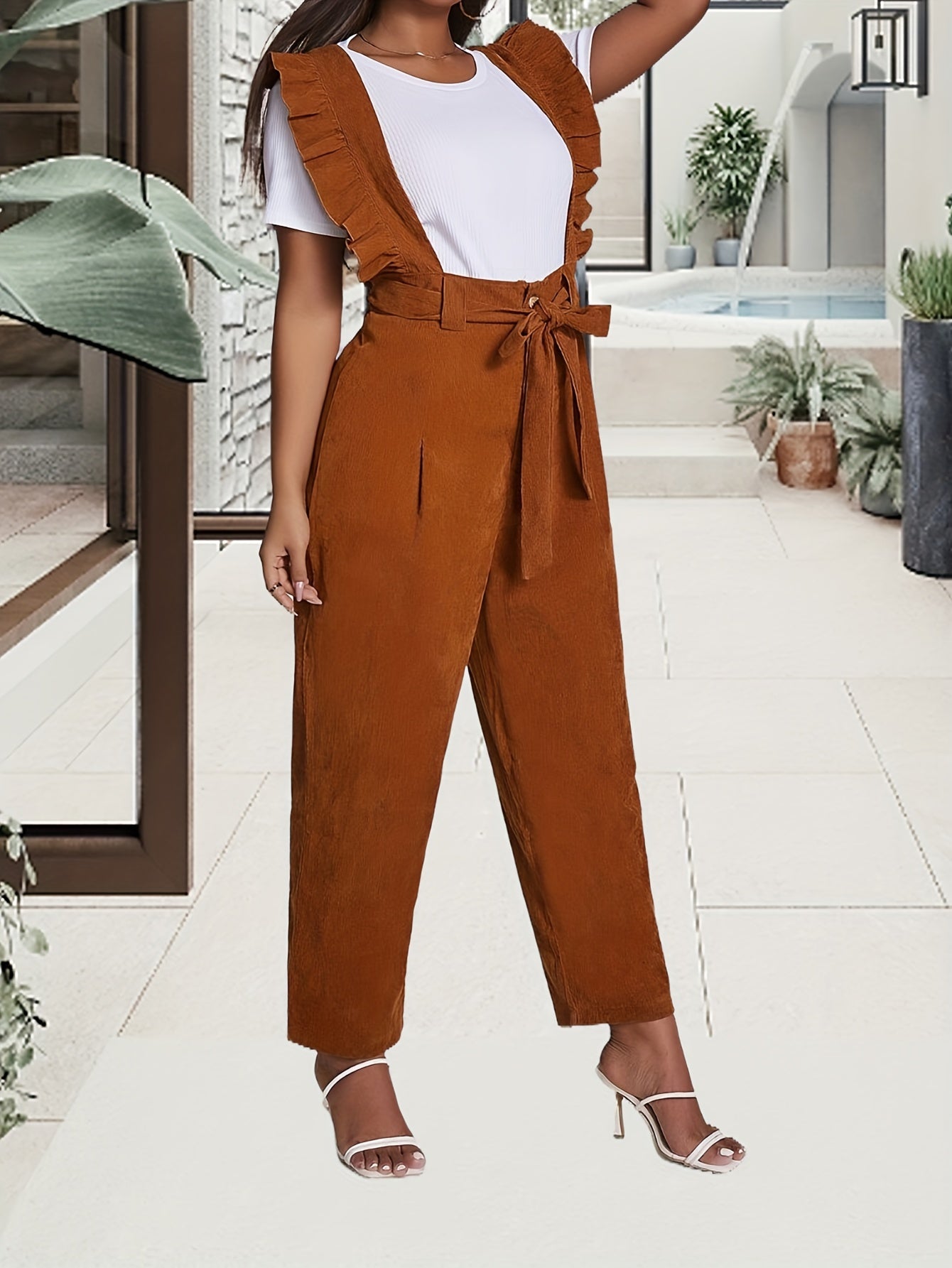 Solid Ruffle Trim Overall Jumpsuit