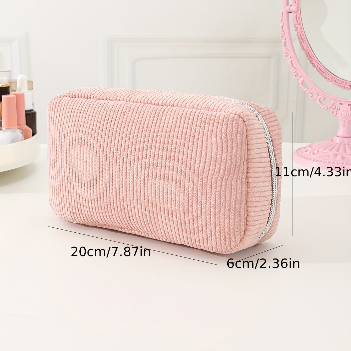 Pink Corduroy Makeup Bag with Silvery Zipper