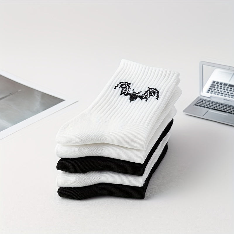 5 Pairs Bat Print Socks Halloween Crew Socks Women's Stockings & Hosiery