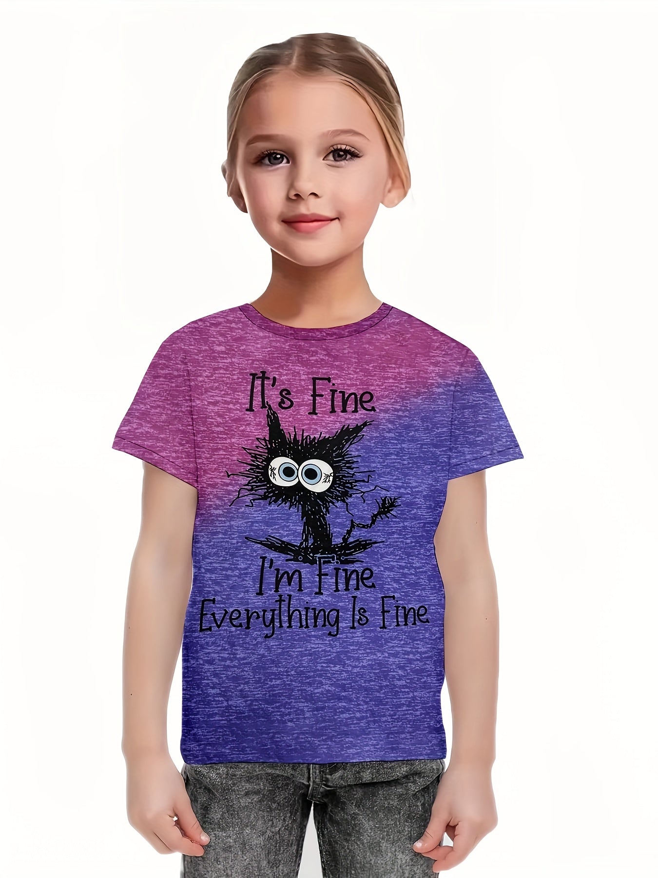 3D Creative Cat Graphic Short Sleeve T-Shirt For Kids