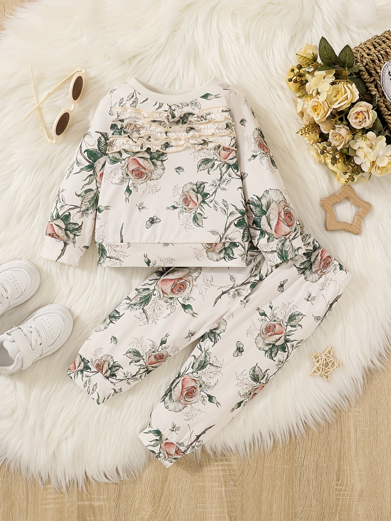Baby Girl Boho Rose Flower Print Ruffle Top Pants Set