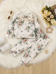 Baby Girl Boho Rose Flower Print Ruffle Top Pants Set