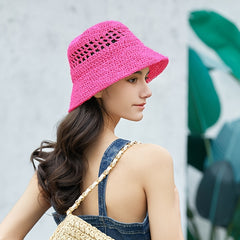 Rose Red Crochet Bucket Hat Straw Hat Hollow Vacation Beach Fisherman