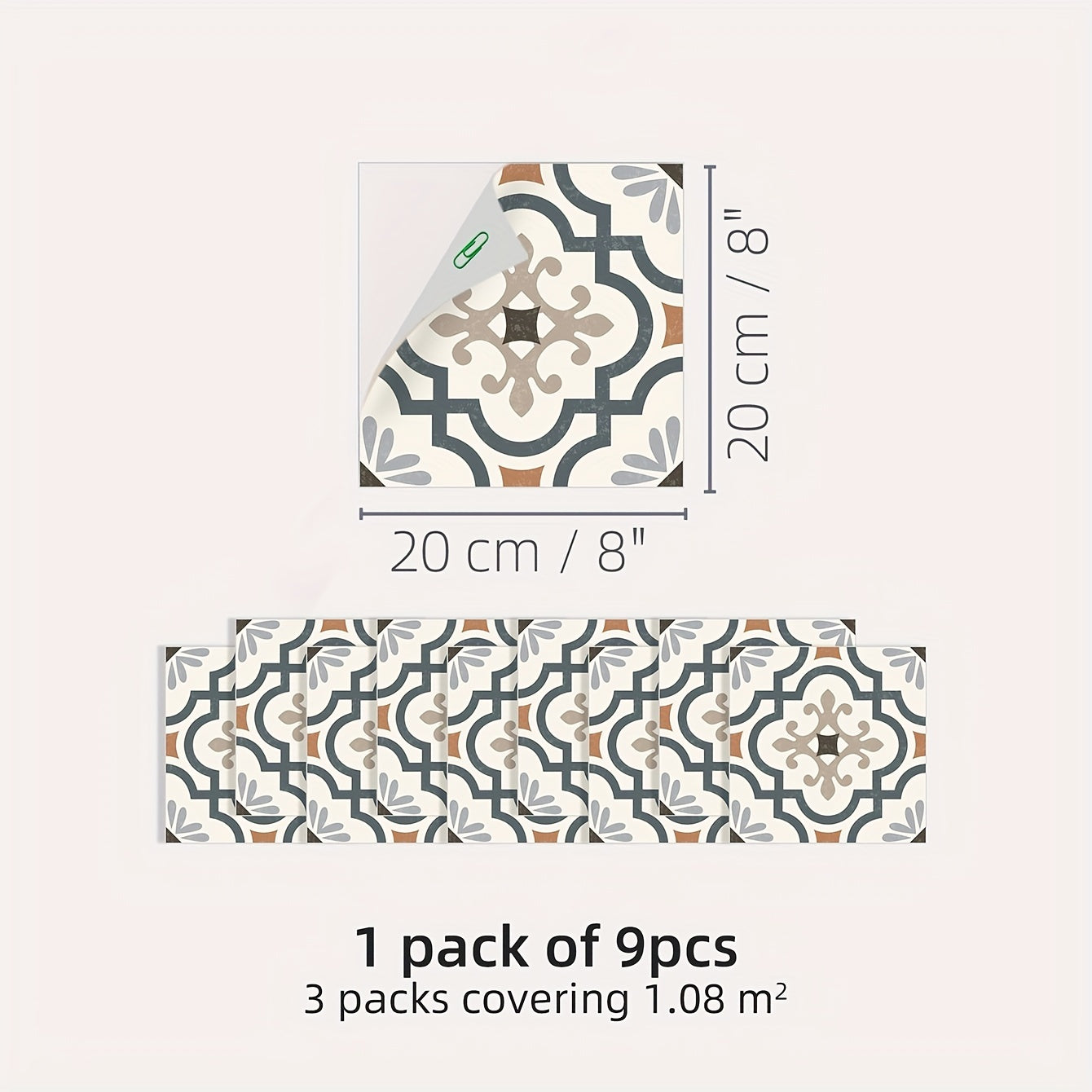 9pcs Morocco Tile Peel And Stick 20x20 Printed Waterproof V