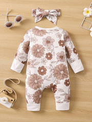 Baby Girls Floral Printed Long Sleeve Romper with Headband