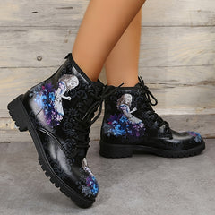 Women's Gothic Ankle Combat Boots Round Toe Lace Up Chunky Heel Short Boots