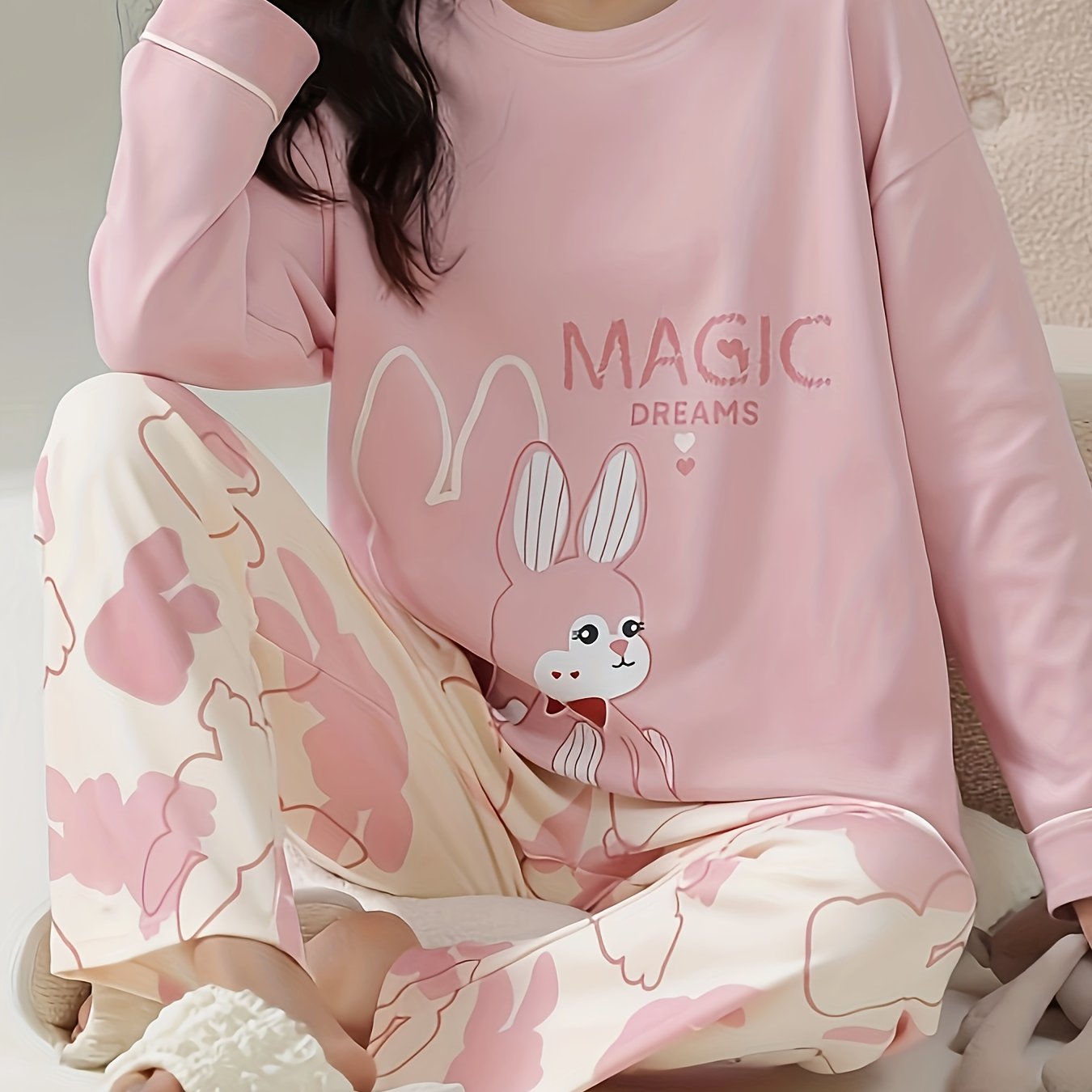 Bunny Print Pajama Set Long Sleeve Crew Neck Top & Pants