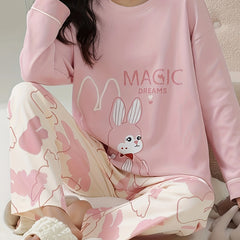 Bunny Print Pajama Set Long Sleeve Crew Neck Top & Pants