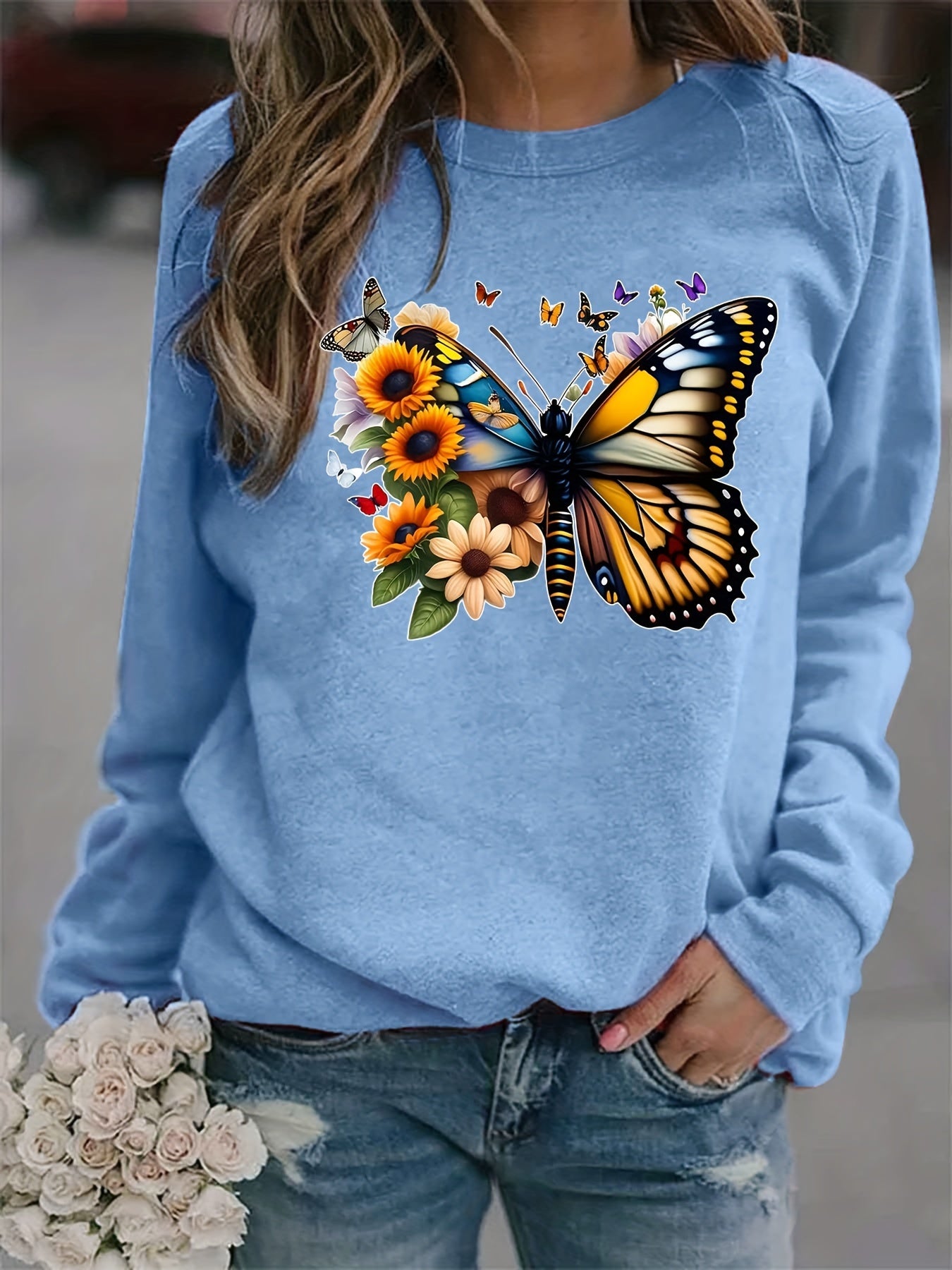Butterfly Sunflower Print Sweatshirt Women's Casual Long Sleeve Crew Neck