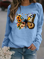 Butterfly Sunflower Print Sweatshirt Women's Casual Long Sleeve Crew Neck