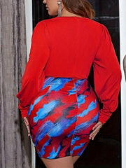 Colorblock Brush Print Cut Out Twist Front Bodycon Dress