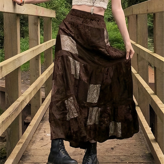 Colorblock Geometric Pattern Tiered Skirt Vintage Style Spring Summer Women's