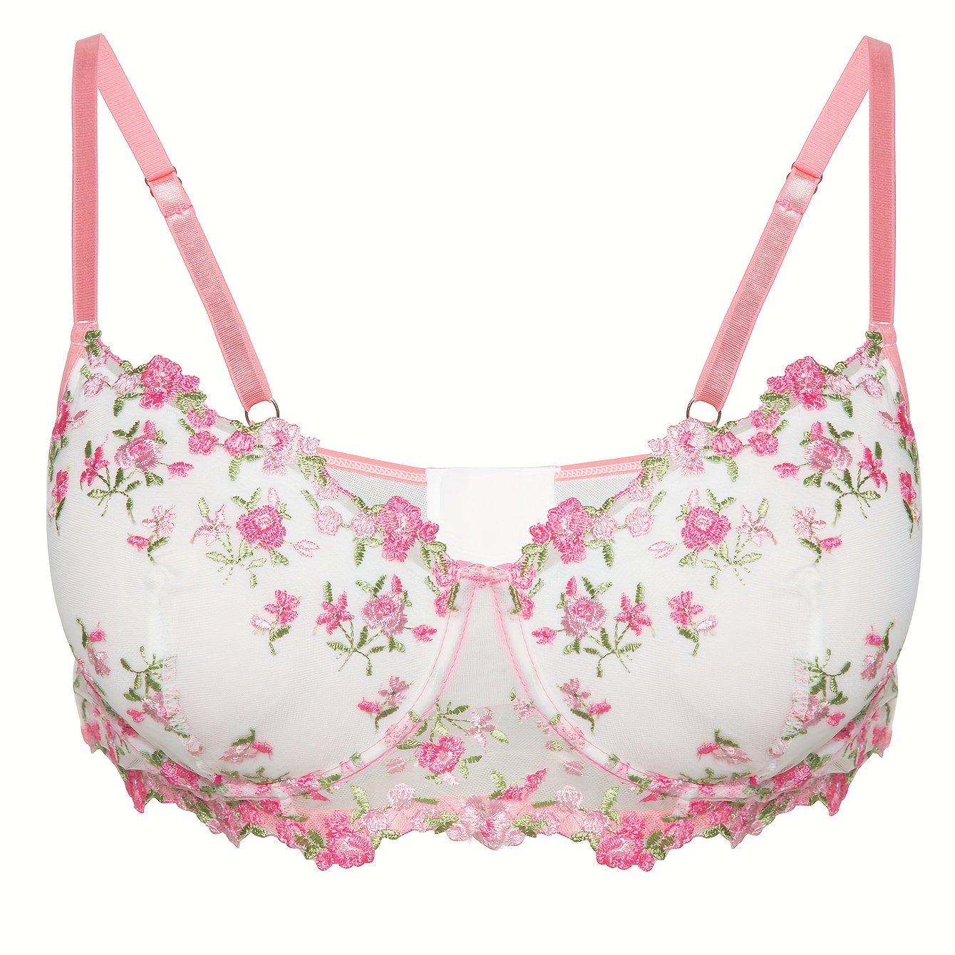 Floral Embroidered Semi Sheer Underwire Mesh Bra