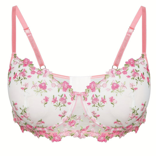 Floral Embroidered Semi Sheer Underwire Mesh Bra