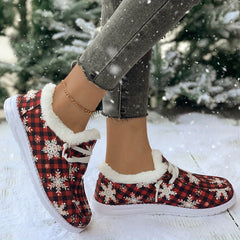 Women's Snow Boots Snowflakes & Plaid Print Plush Warm Lace-up Winter Christmas
