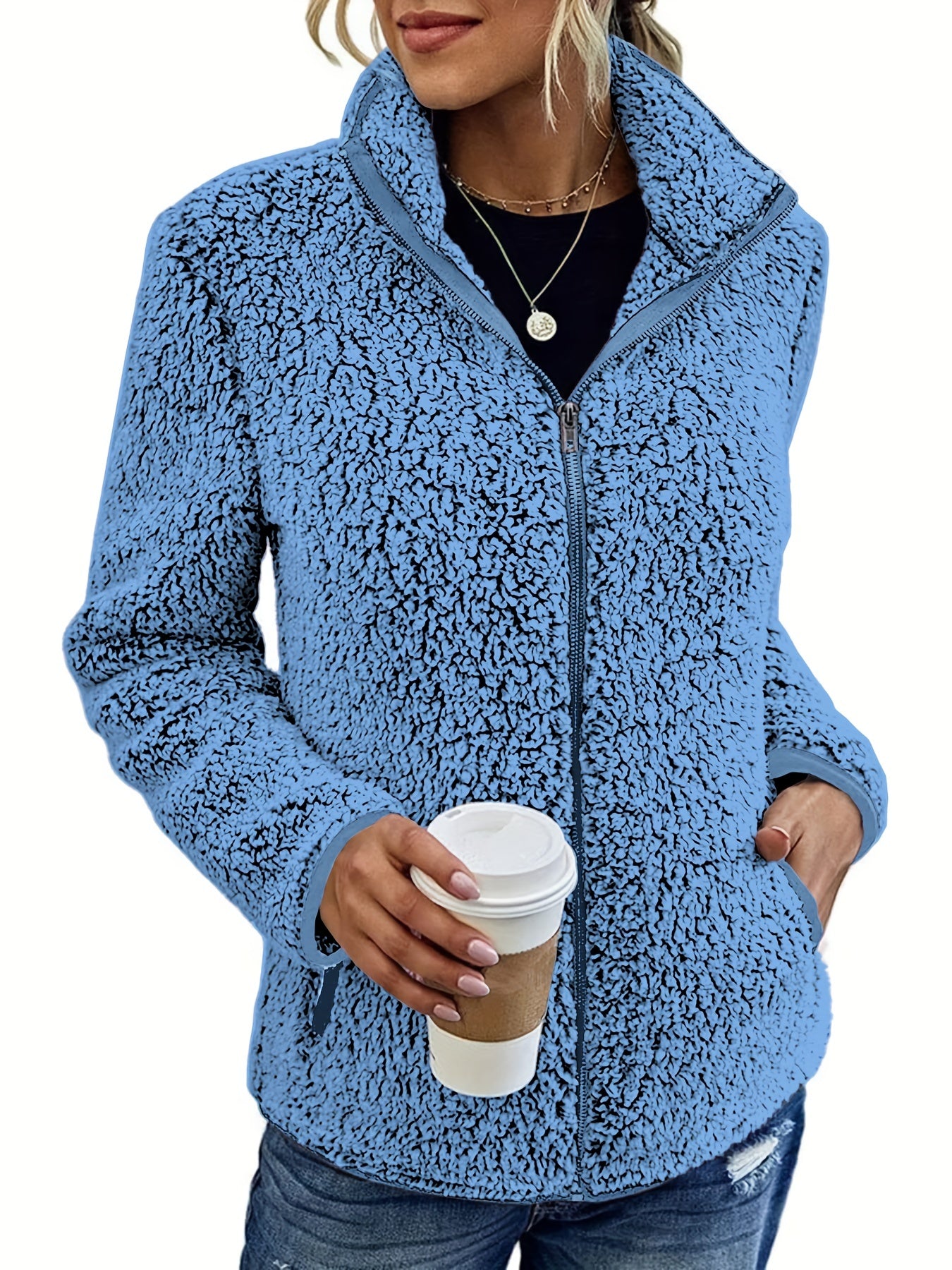 Solid Teddy Jacket Stand Collar Warm Outerwear Women's Clothing