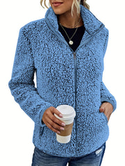 Solid Teddy Jacket Stand Collar Warm Outerwear Women's Clothing
