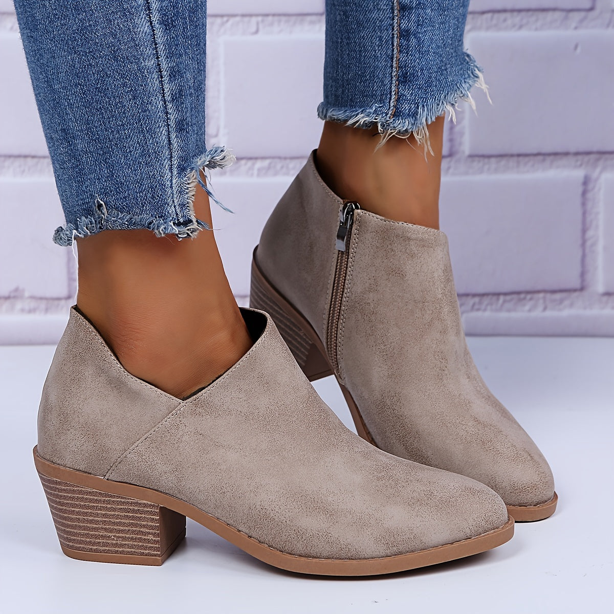 Women's Ankle Stacked Heel Short Boots V Cut Side Zipper