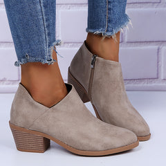 Women's Ankle Stacked Heel Short Boots V Cut Side Zipper