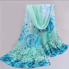 Gradient Rose Print Chiffon Scarf Sunscreen Shawl