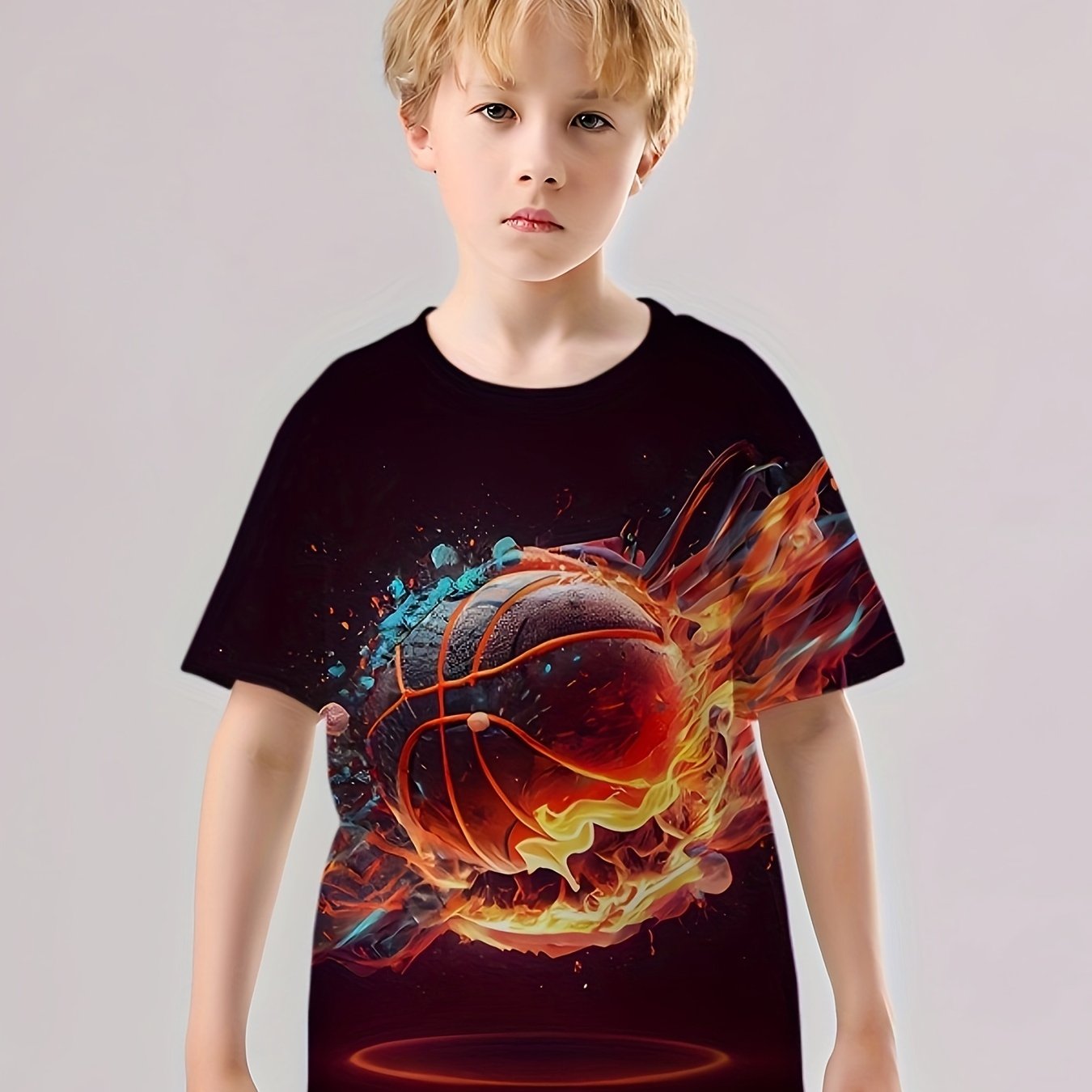 Kids Block Flame Basketball 3D Print Casual Short Sleeve T-shirt