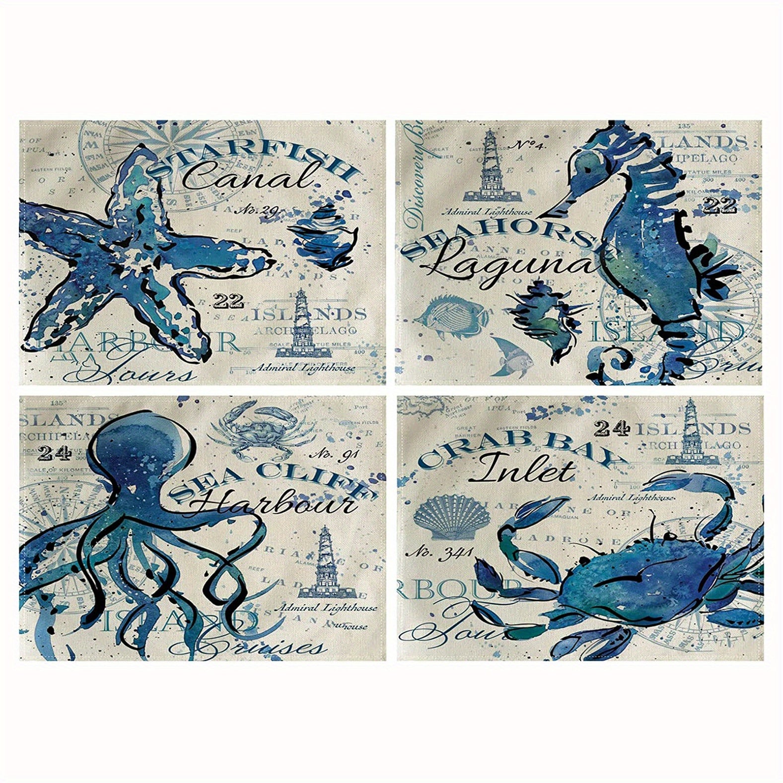 4pcs Vintage Ocean Style Linen Placemat Summer Sea Theme Table Mat