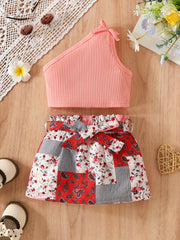 2pcs Baby Girls Cold Shoulder Tops & Flowers Allover Print Skirt