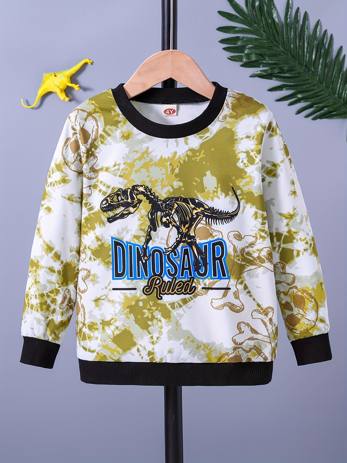 Boys Tie Dye Dinosaur Print Sweatshirt Crew Neck Top