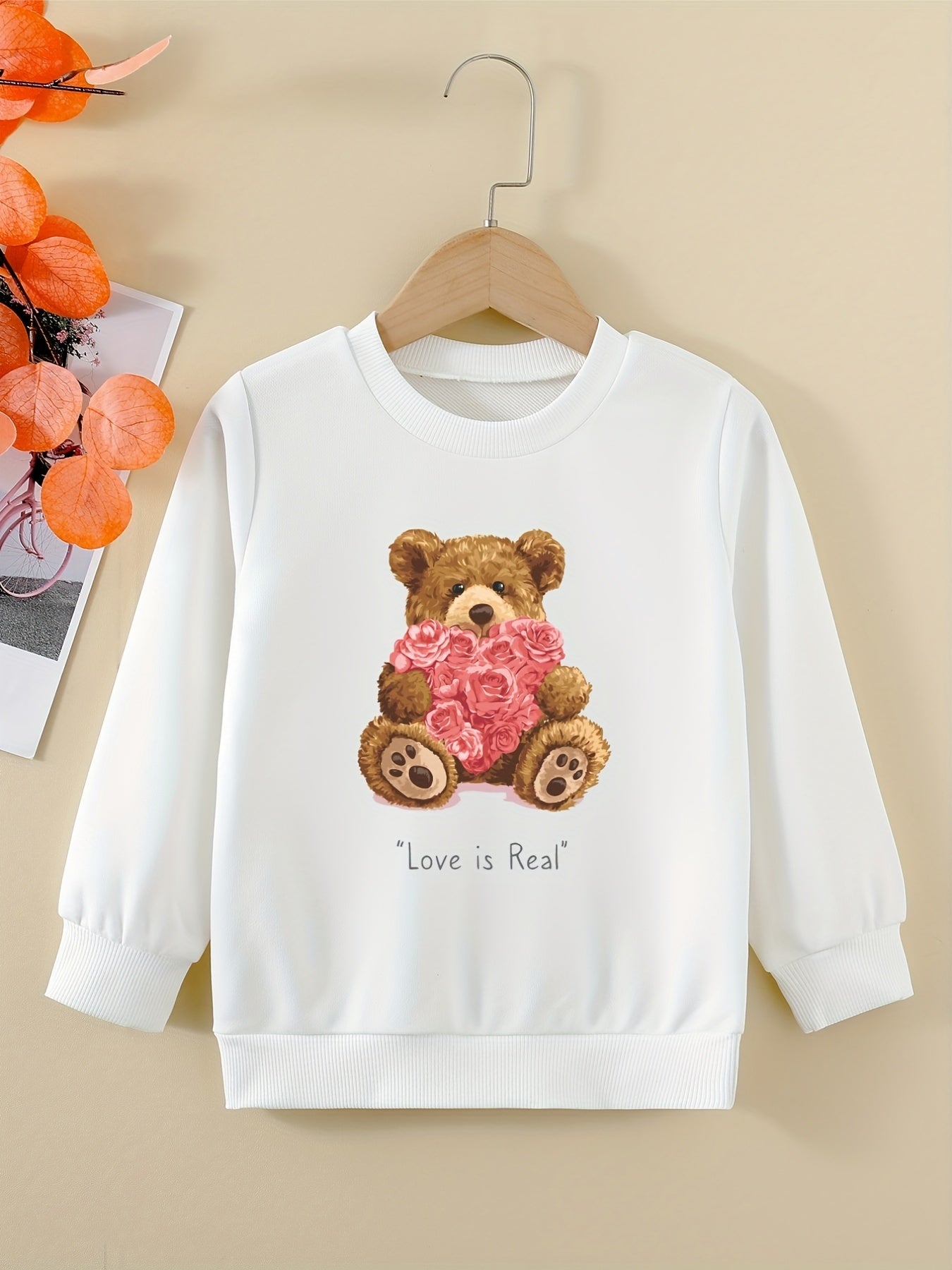 Cartoon Bear And Roses Sweatshirt For Girls Comfy Fit Pullover Tops Youth Kids