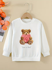Cartoon Bear And Roses Sweatshirt For Girls Comfy Fit Pullover Tops Youth Kids