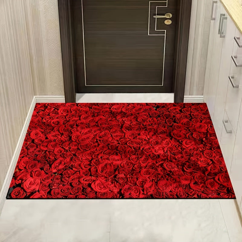 Red Rose Print Rug Romantic Decorative Floor Mat Machine Washable Carpet