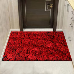 Red Rose Print Rug Romantic Decorative Floor Mat Machine Washable Carpet