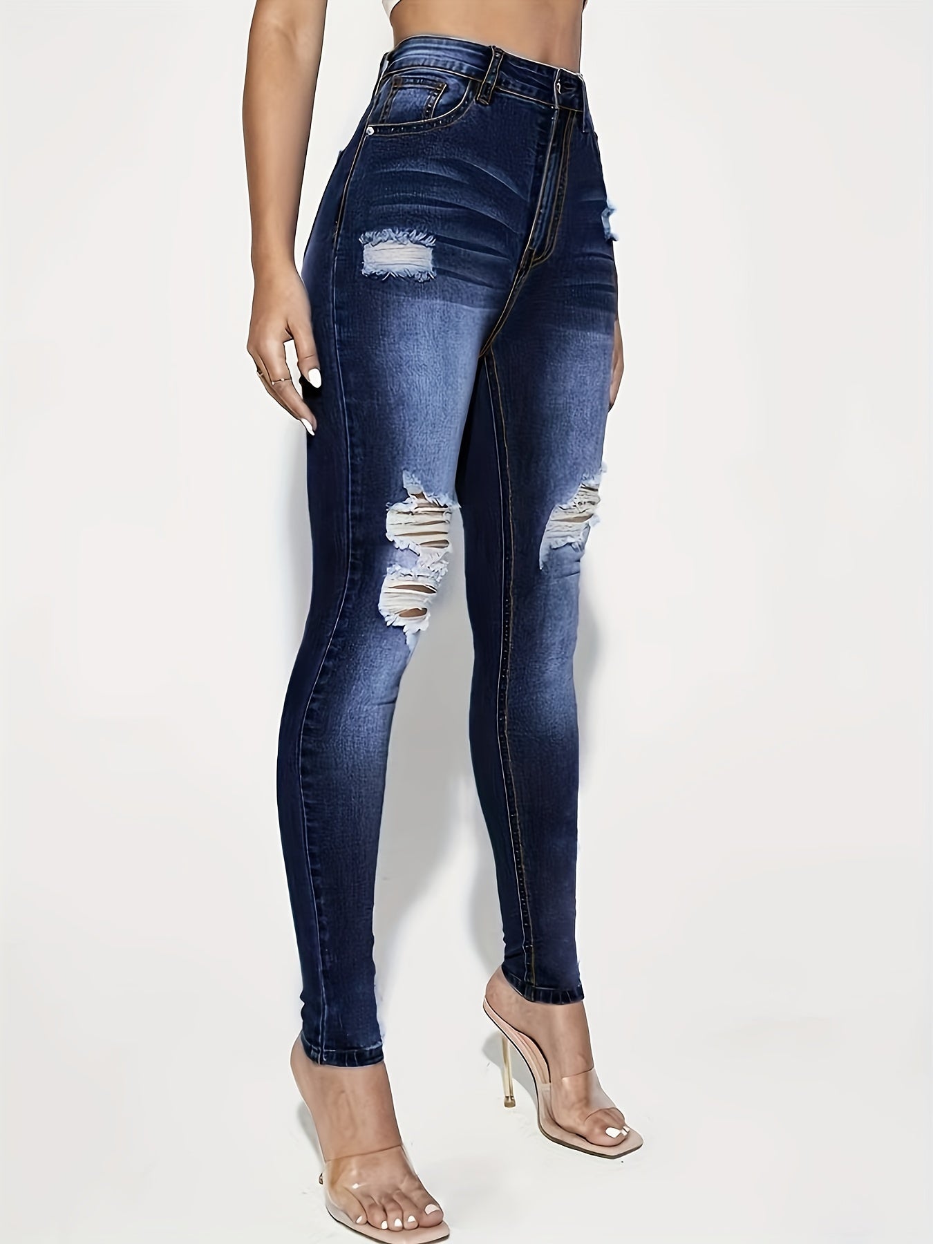 High Rise Ripped Thigh Skinny Jeans Dark Denim Pants