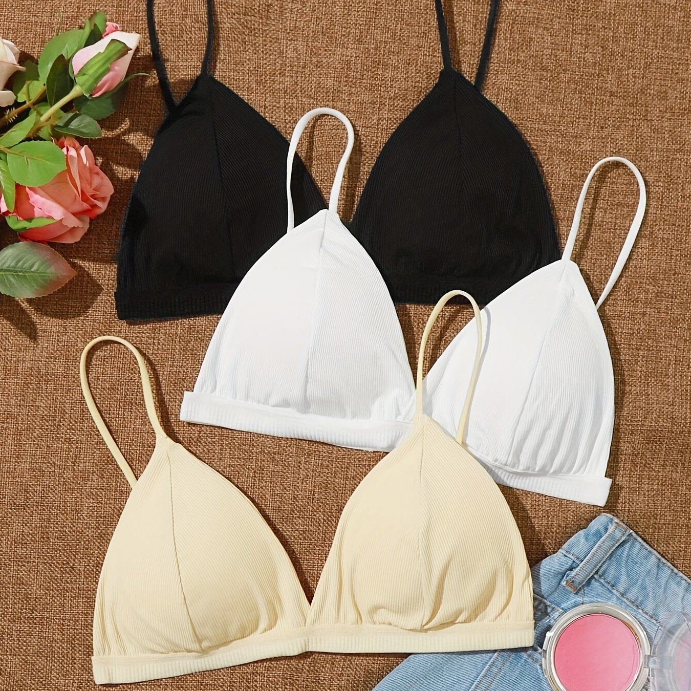 3 Pcs Girls Bralette Spaghetti Strap V Neck Padded Wire A B Cups Hook Closure