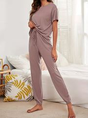 Short Sleeve Crew Neck Top & Lace Up Pants Lounge Set